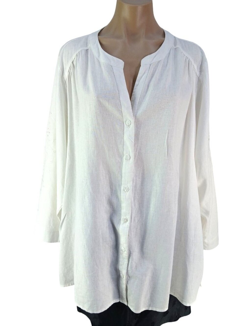Cynthia Rowley Womens White Tunic Blouse Size 2X Embroidered Sleeves Linen Blend